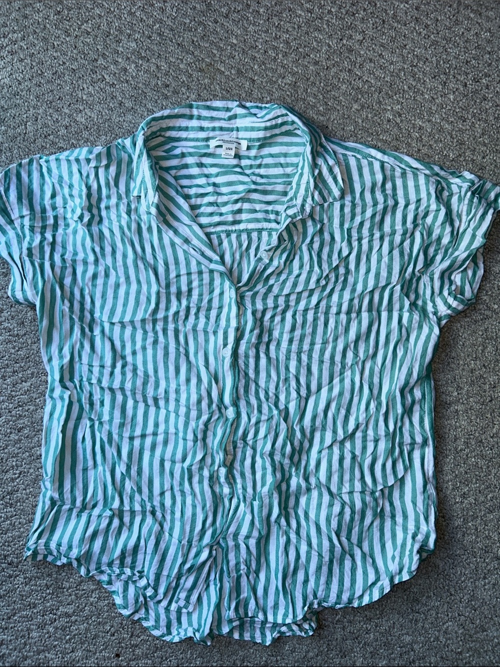 Striped Short Sleeve Button-Up Shirt in Teal and White